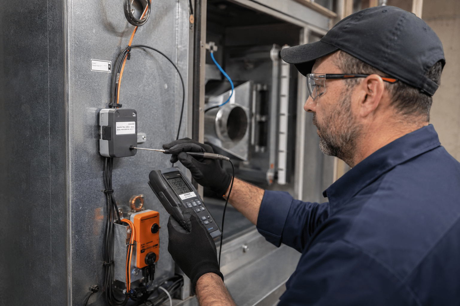 HVAC controls technician testing a duct temperature sensor and actuator