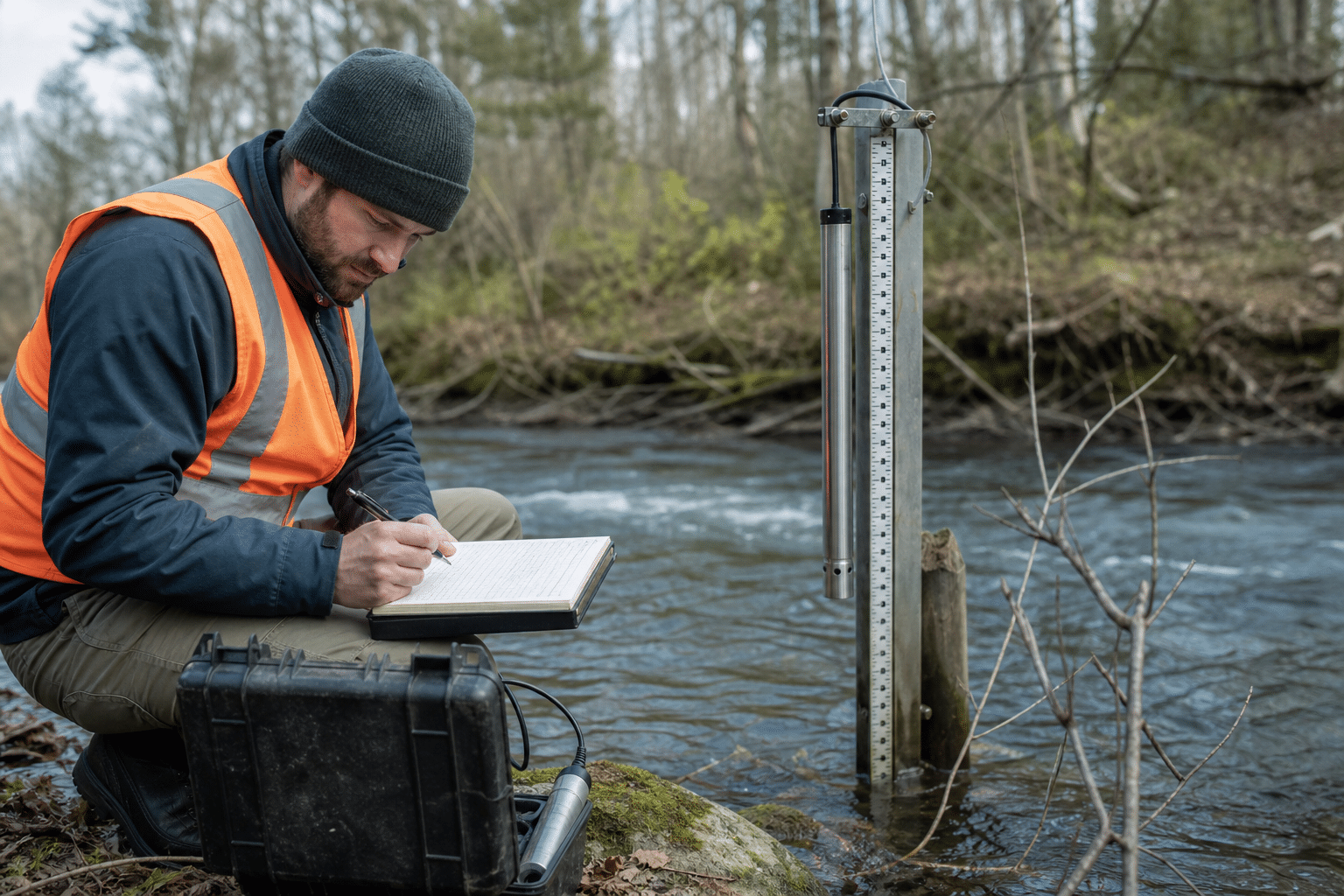 Hydrologic technician recording readings at a stream monitoring station