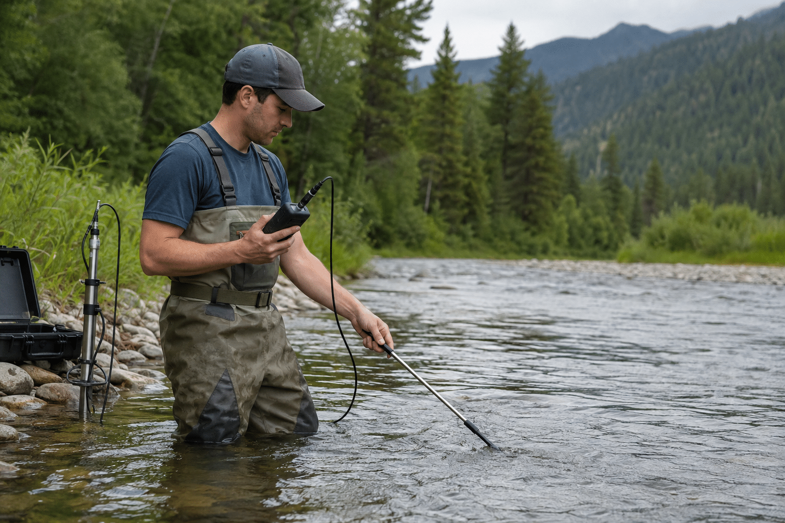 Hydrologic technician measuring stream flow with a field instrument