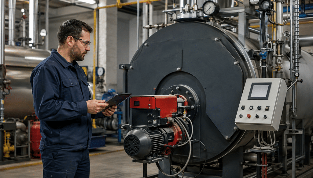 Industrial boiler operator monitoring an industrial boiler room
