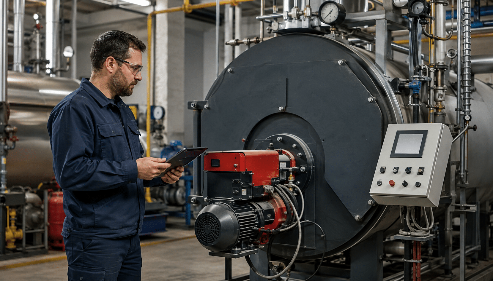 Industrial boiler operator monitoring an industrial boiler room