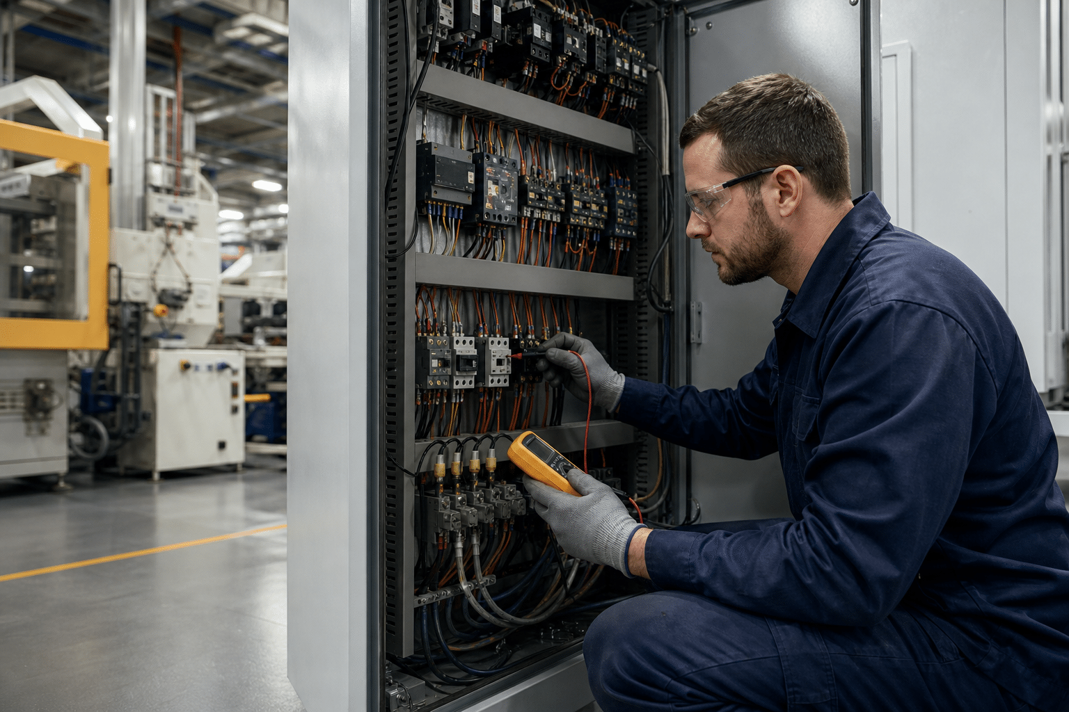 Industrial electrician inspecting wiring inside a factory control cabinet