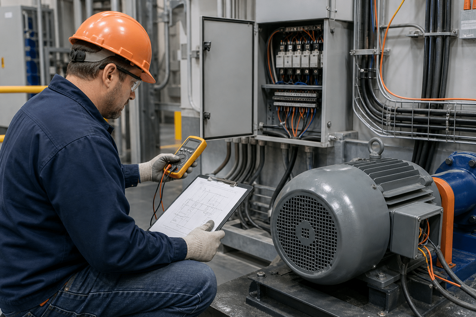 Industrial electrician checking a factory motor and control panel