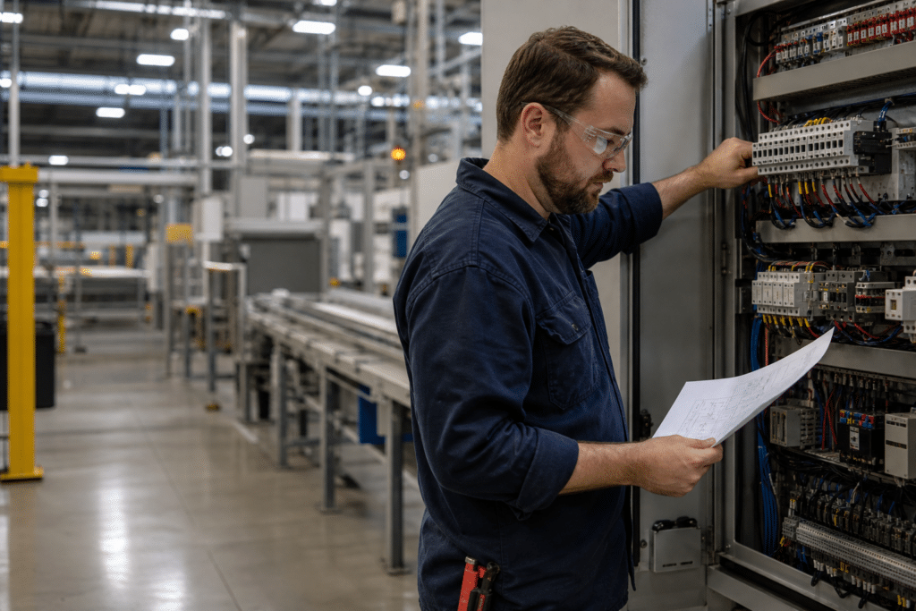 Industrial electrician reviewing a motor-control cabinet in a manufacturing plant