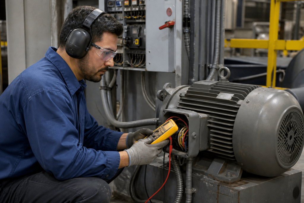 Industrial electrician diagnosing a factory motor with a handheld meter