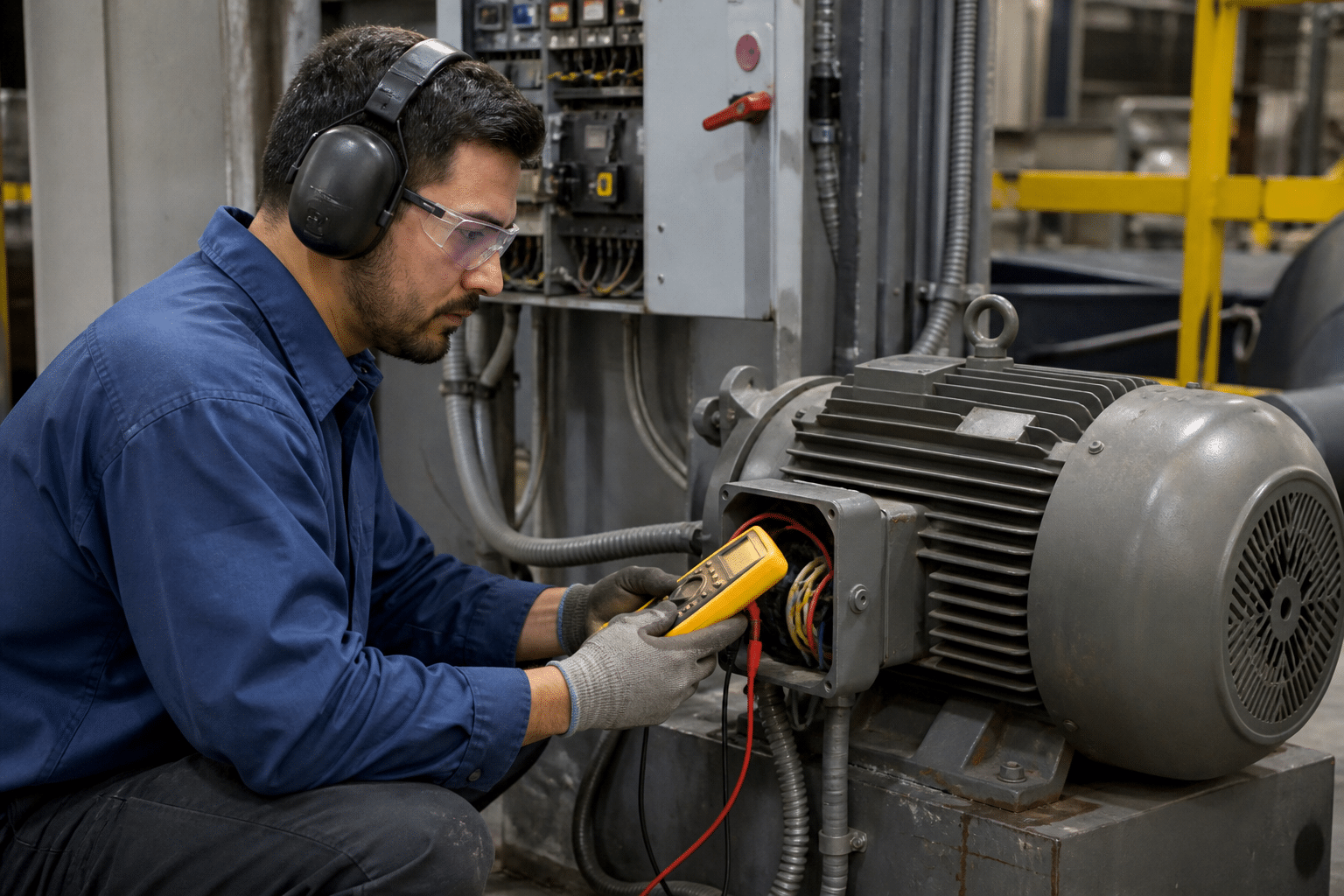 Industrial electrician diagnosing a factory motor with a handheld meter