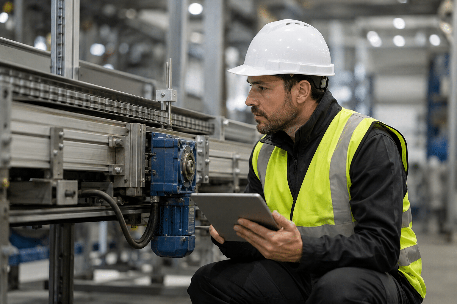Industrial equipment technician inspecting a conveyor