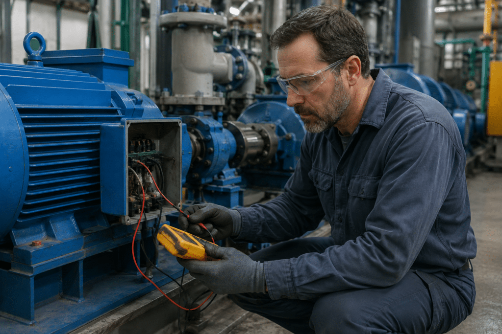 Industrial equipment technician testing a pump motor