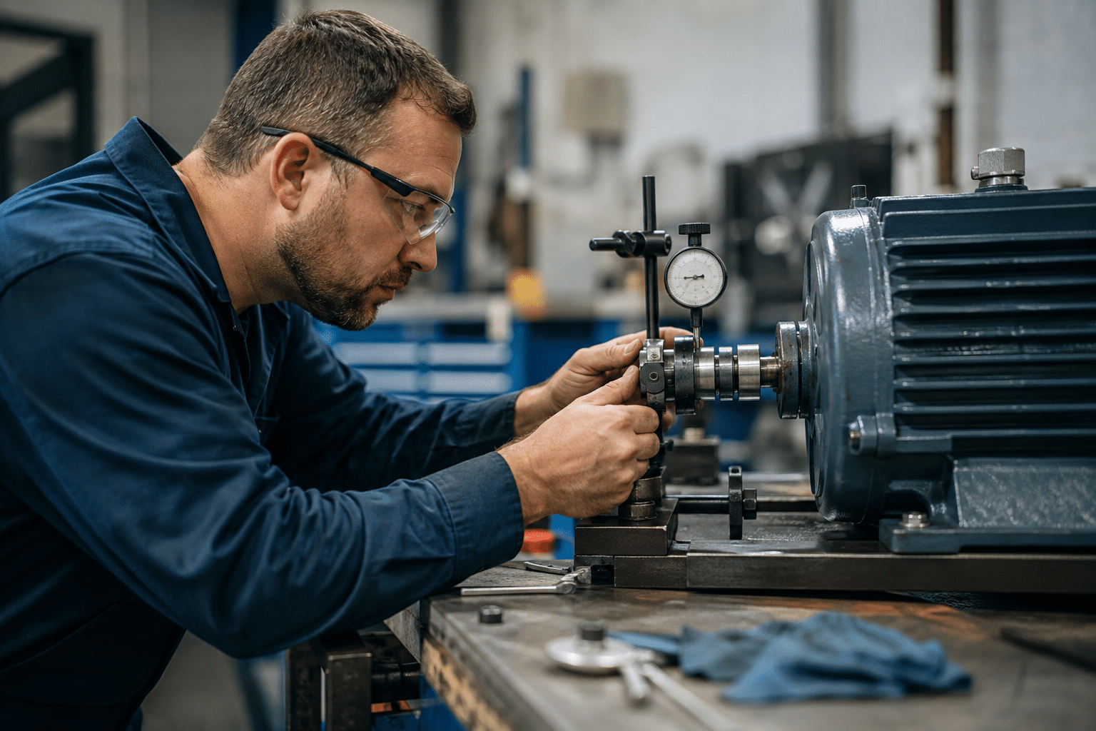 Industrial mechanic aligning a motor coupling with a precision tool