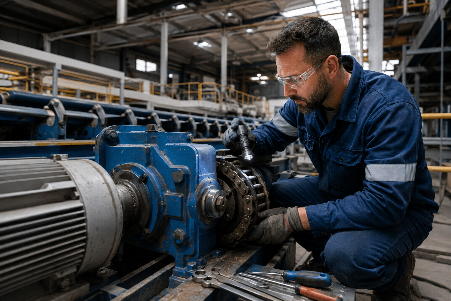 Industrial mechanic inspecting a conveyor drive and gearbox in a factory