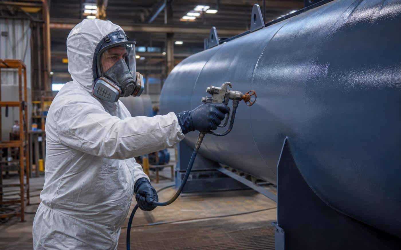Industrial painter applying protective coating to a steel tank