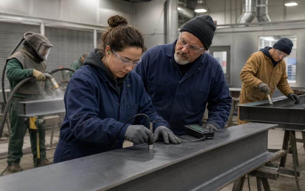 Industrial painter trainees measuring coating thickness on prepared steel