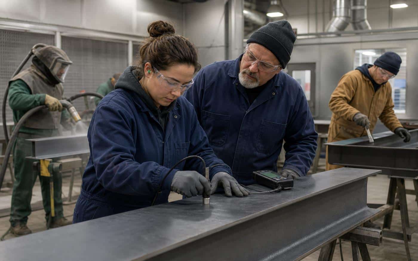 Industrial painter trainees measuring coating thickness on prepared steel