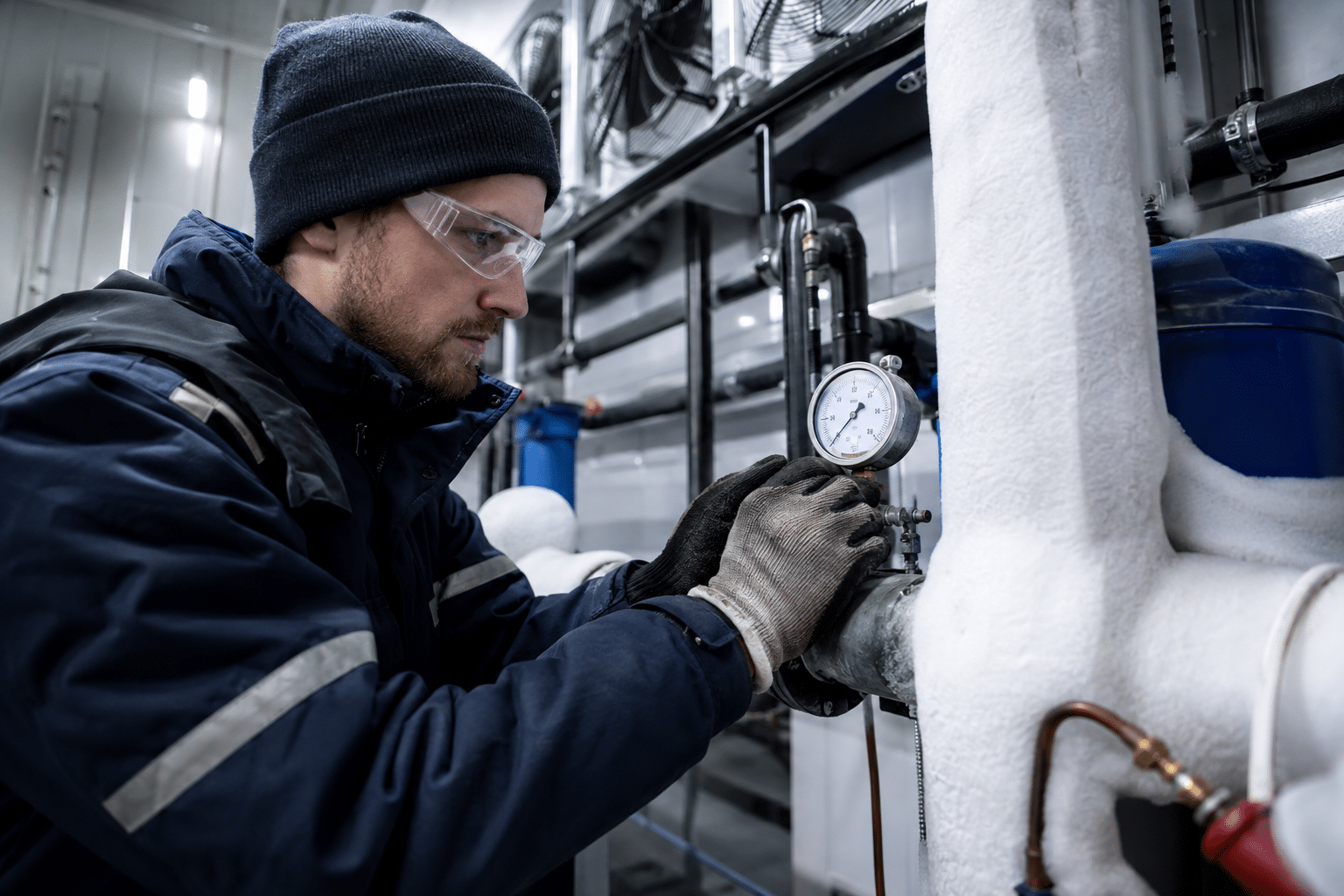 Refrigeration technician checking insulated piping and a pressure gauge