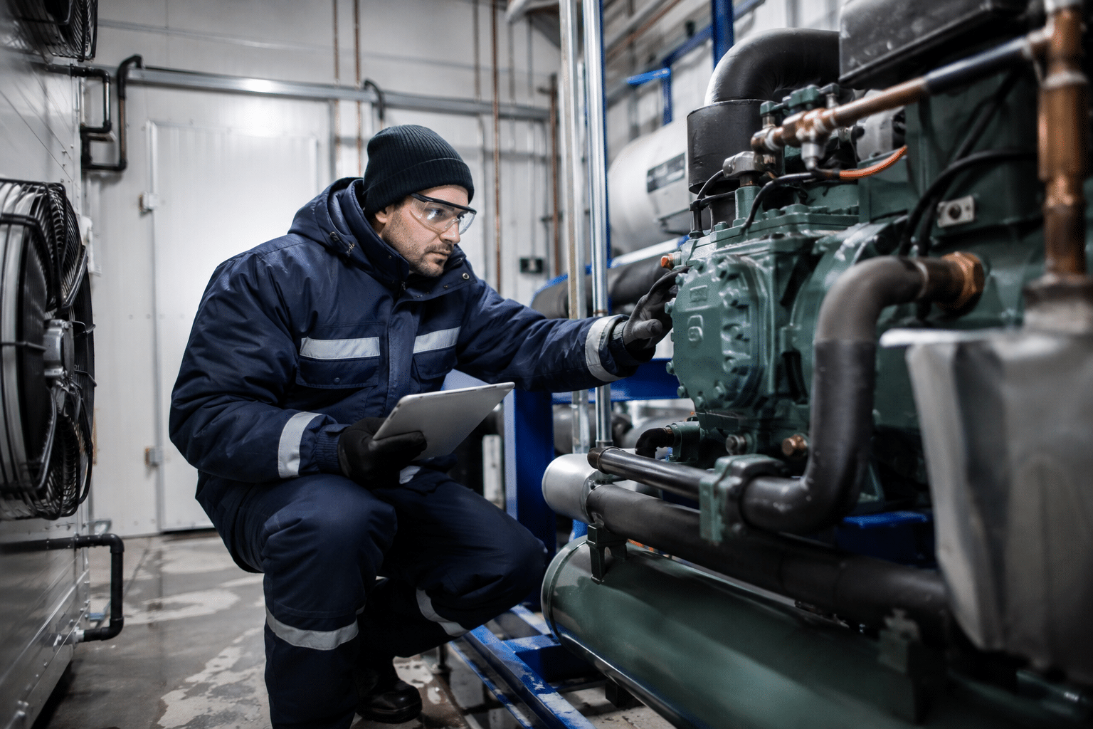 Industrial refrigeration technician inspecting a compressor system