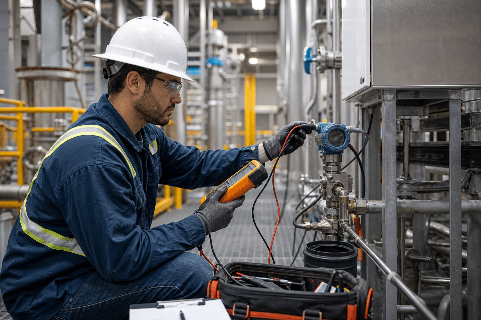 Instrumentation technician calibrating a pressure transmitter in an industrial plant