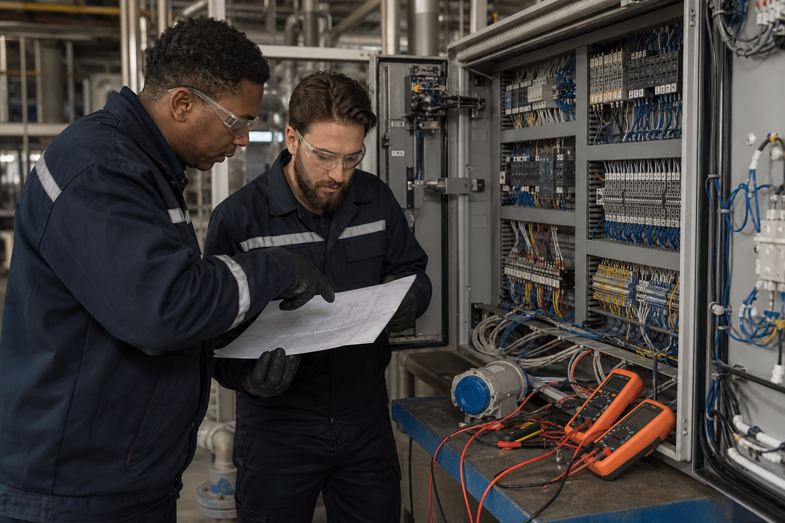 Two instrumentation and controls technicians checking a control panel and wiring diagram
