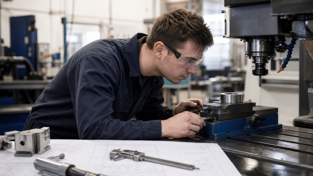 Machinist apprentice checking a CNC machine setup in a manufacturing shop