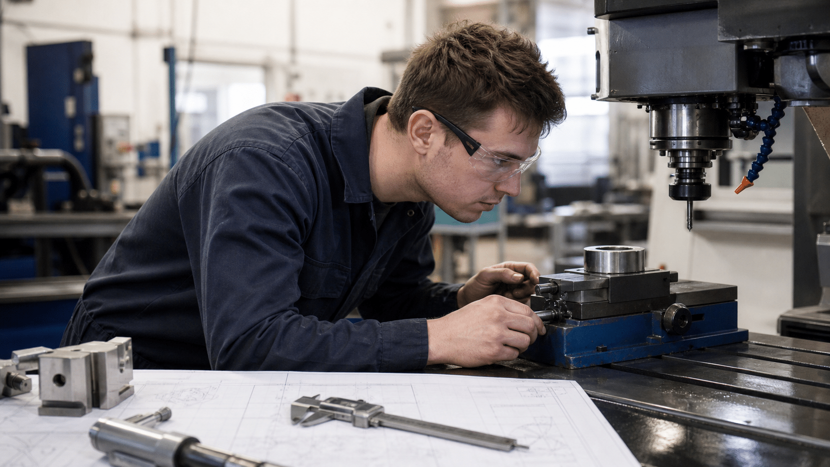 Machinist apprentice checking a CNC machine setup in a manufacturing shop