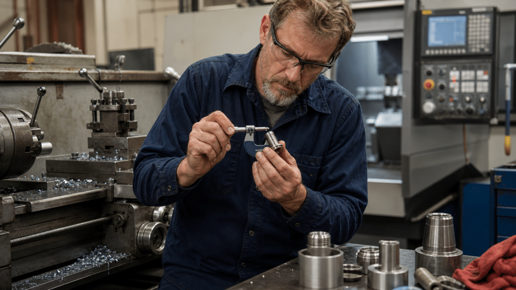 Machinist measuring a finished precision metal part with a micrometer