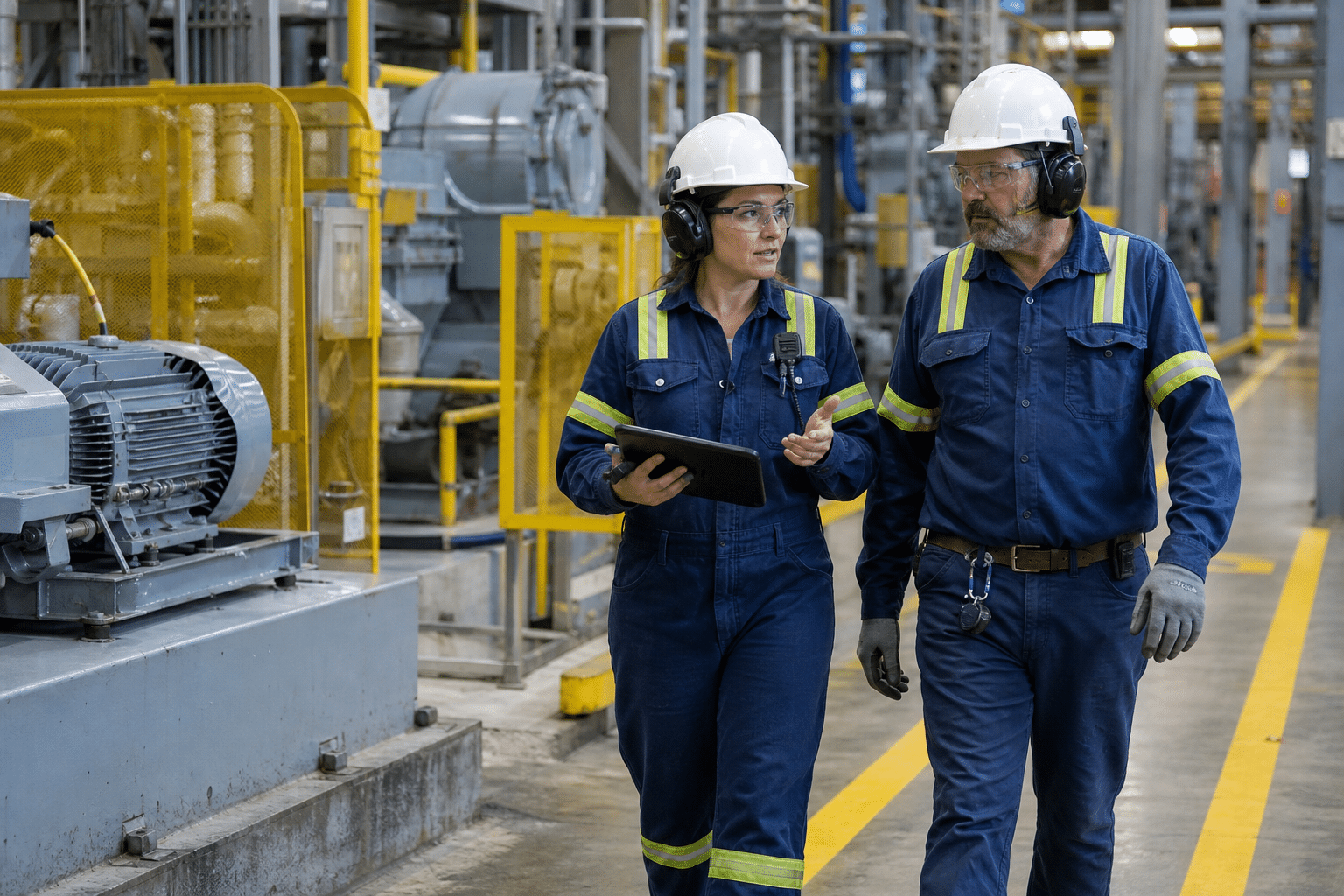Maintenance planner and industrial technician reviewing equipment on a plant floor