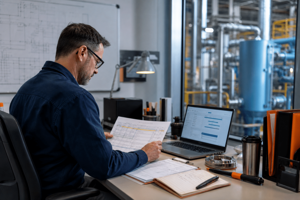 Maintenance planner preparing a work package beside industrial equipment