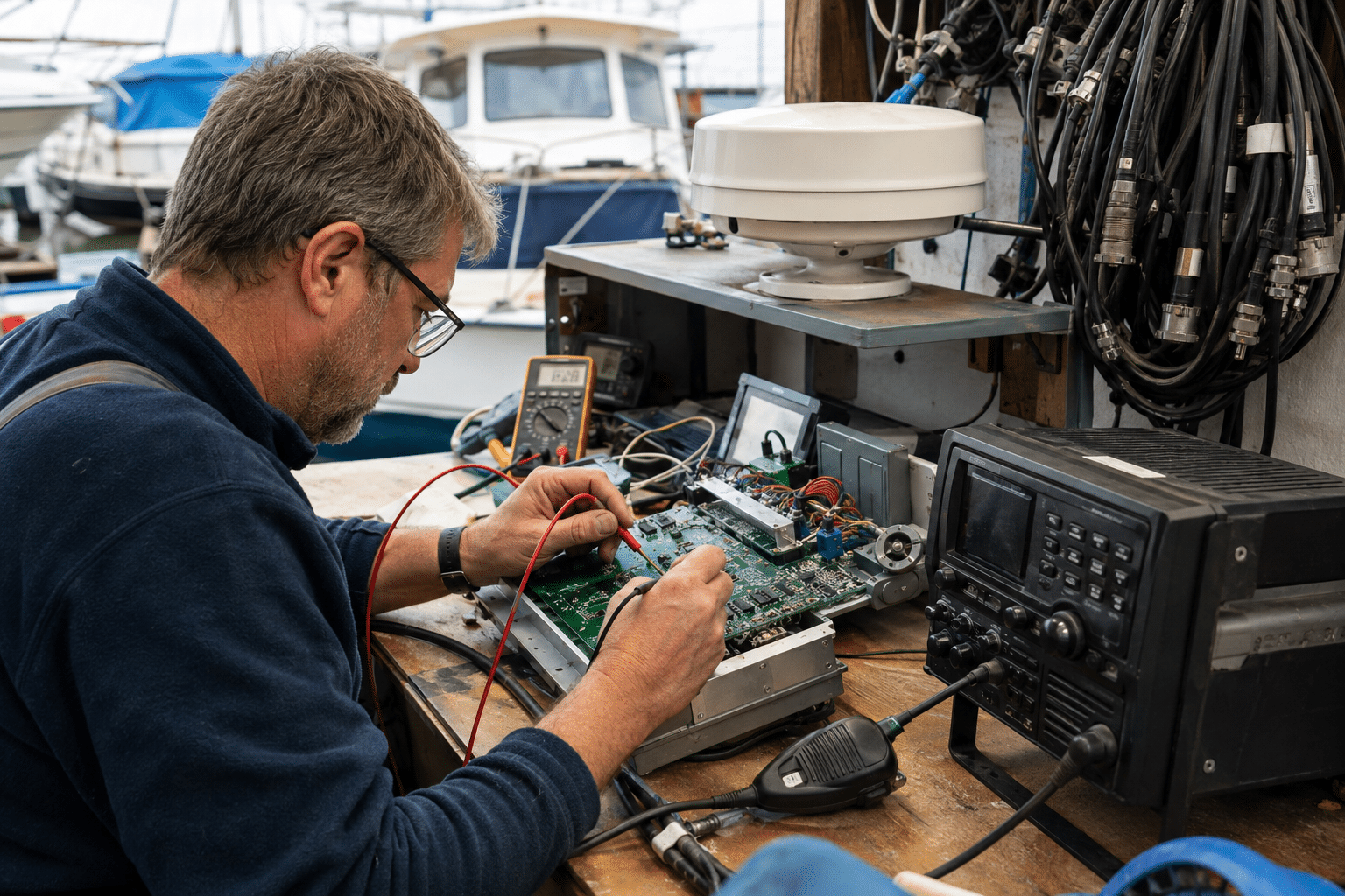 Marine electronics technician testing a radar and radio circuit