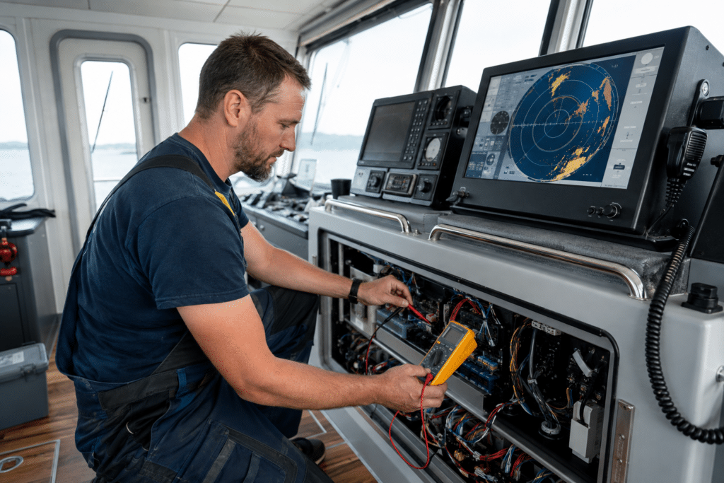 Marine electronics technician installing navigation equipment