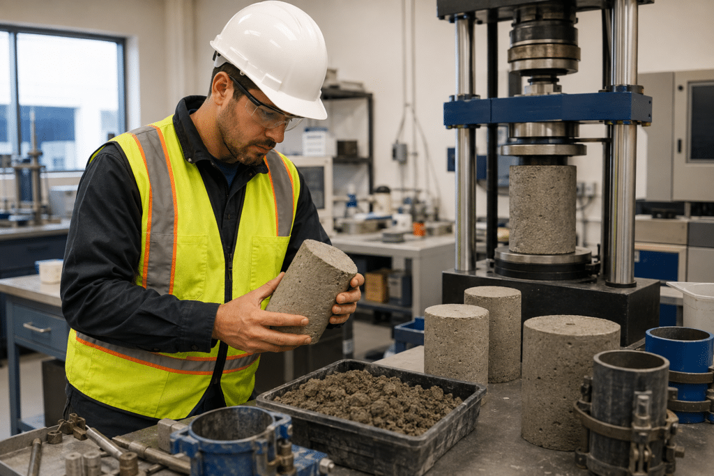 Materials testing technician examining concrete specimens in a laboratory