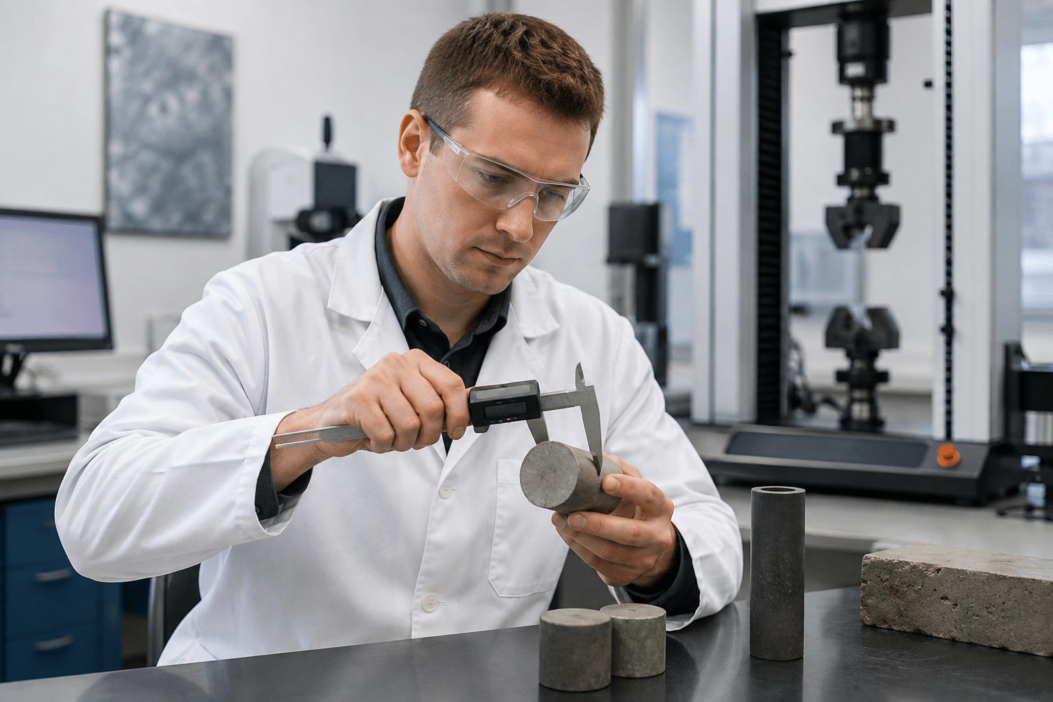 Materials testing technician measuring a test specimen with a digital caliper