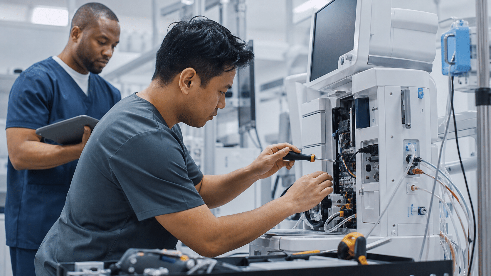 Biomedical equipment technician testing a patient monitor