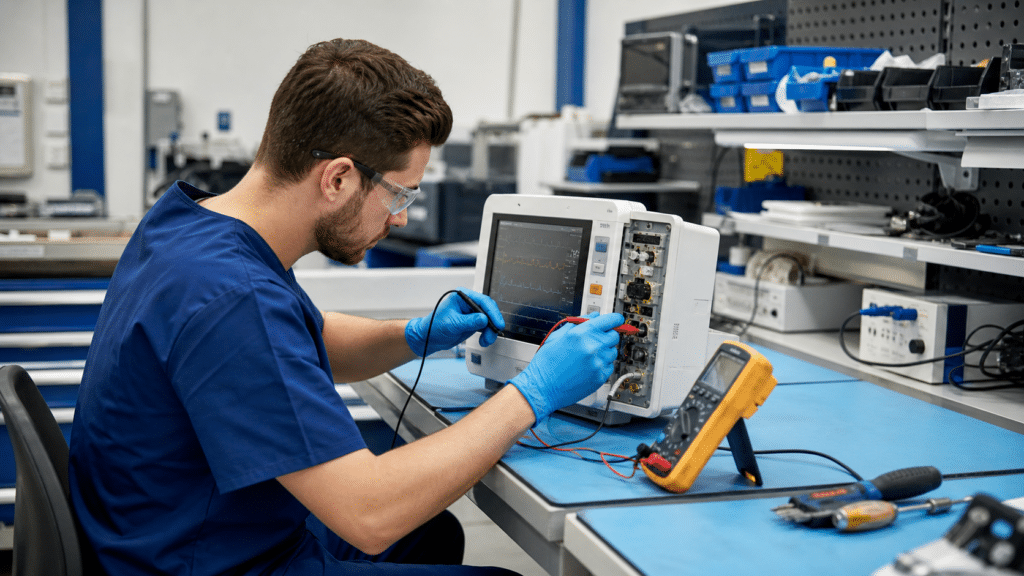 Biomedical equipment technician testing a patient monitor on a workbench