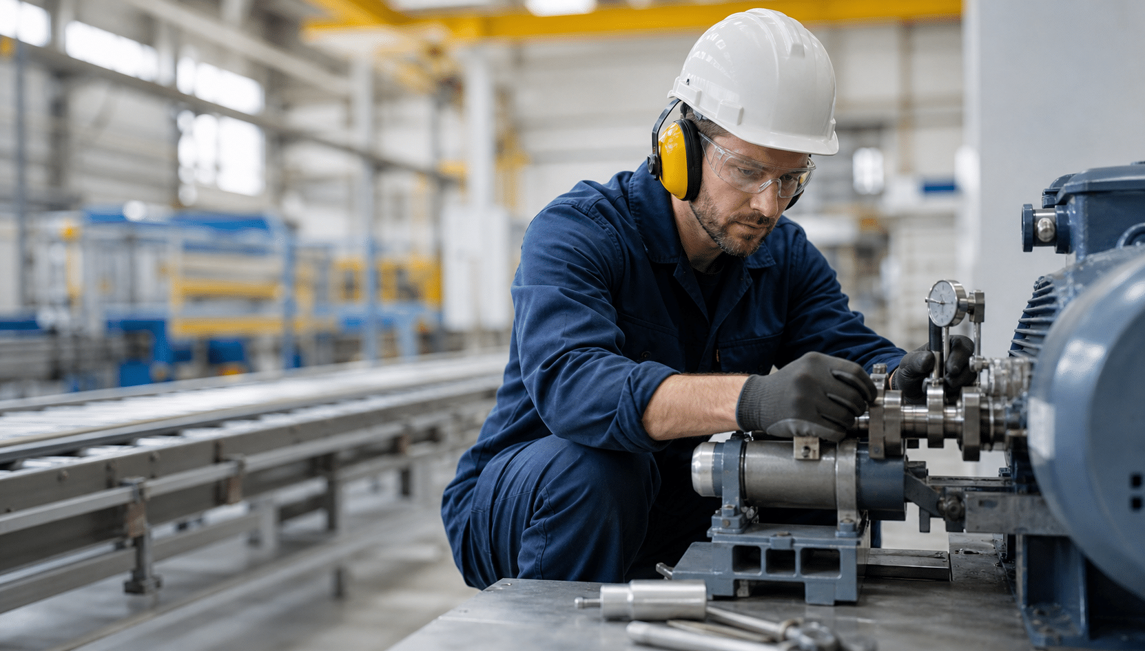 Millwright aligning industrial machinery in a manufacturing plant