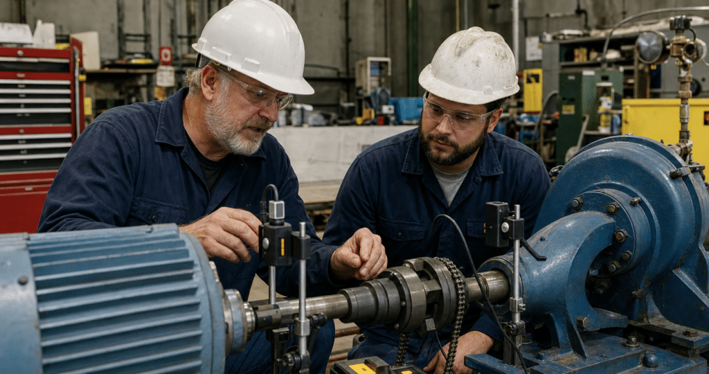 Millwright mentor teaching motor and pump alignment to a trainee