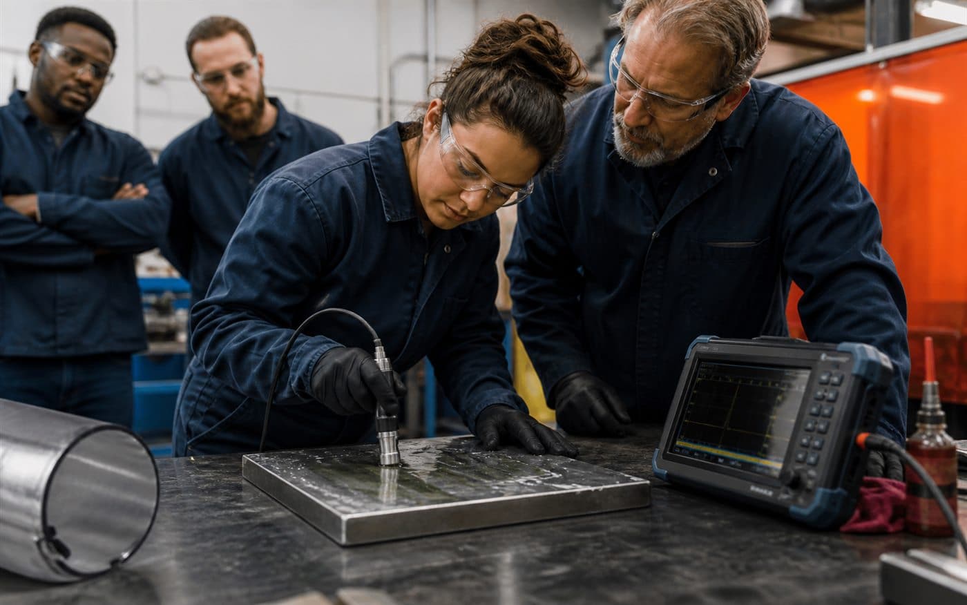 NDT students practicing ultrasonic inspection on a metal test plate