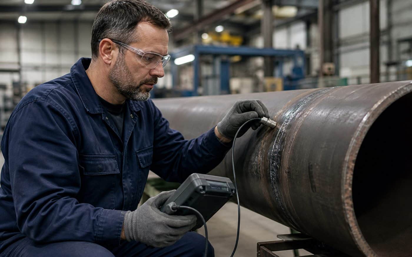 NDT technician using an ultrasonic testing probe on a steel pipe