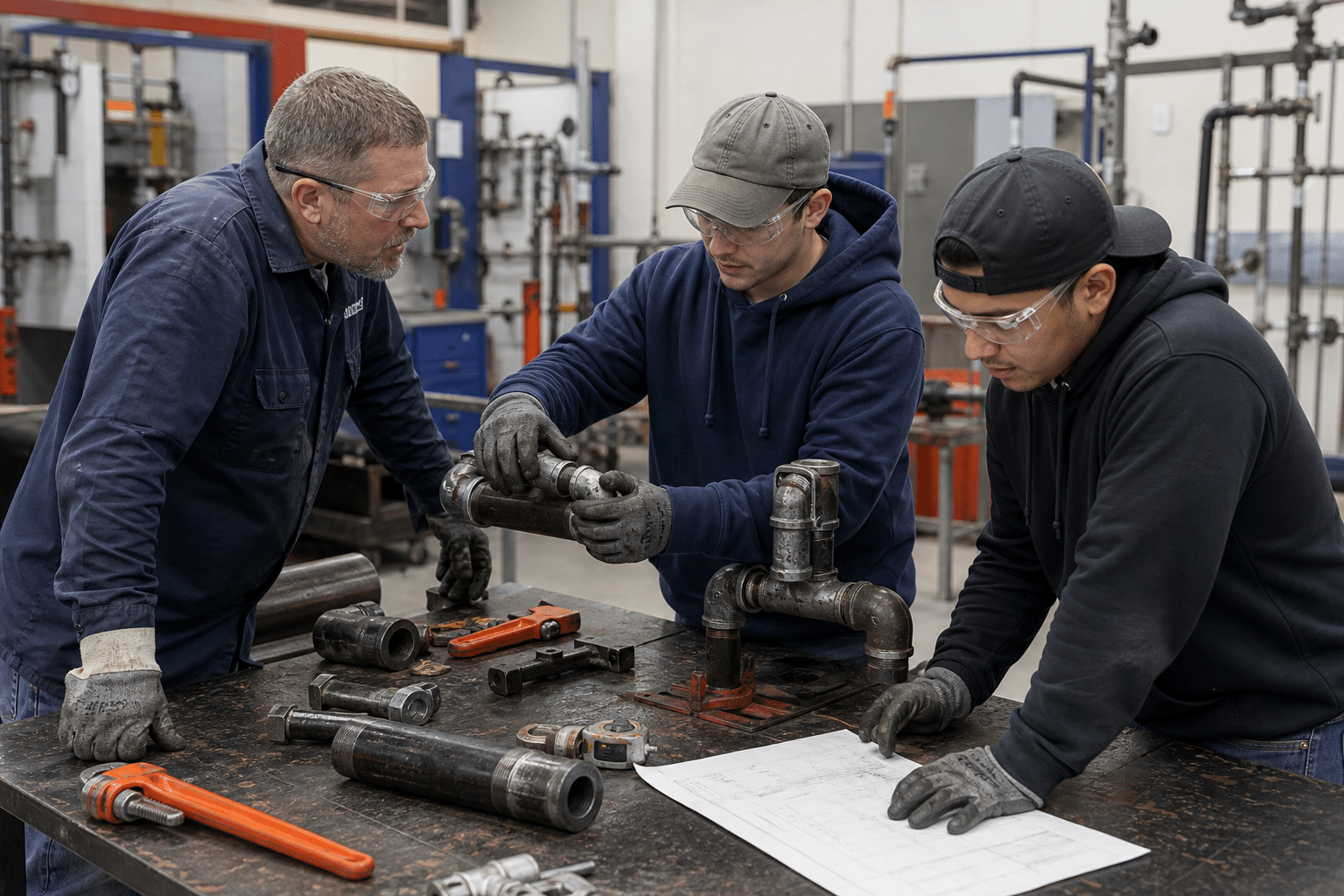 Pipefitter apprentices practicing pipe assembly with an instructor in a technical training workshop