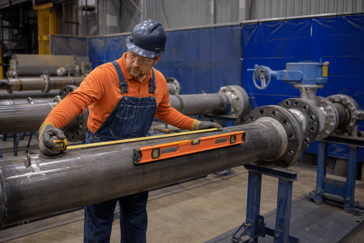Pipefitter measuring and aligning a large industrial pipe in a fabrication facility