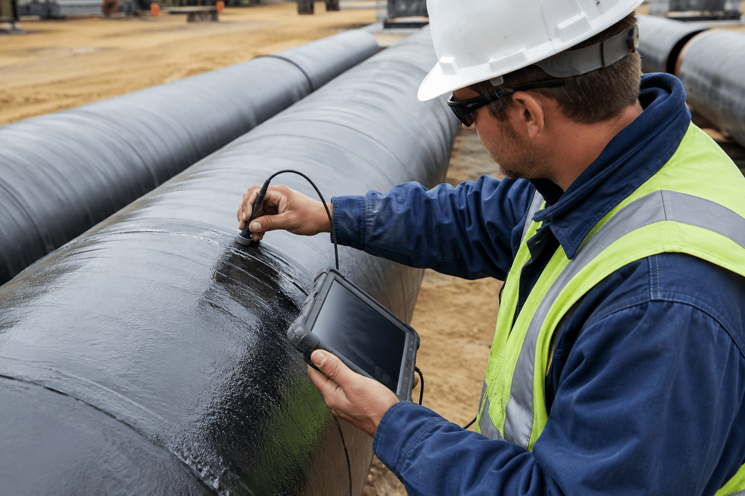 Pipeline inspector measuring the coating on a pipe section