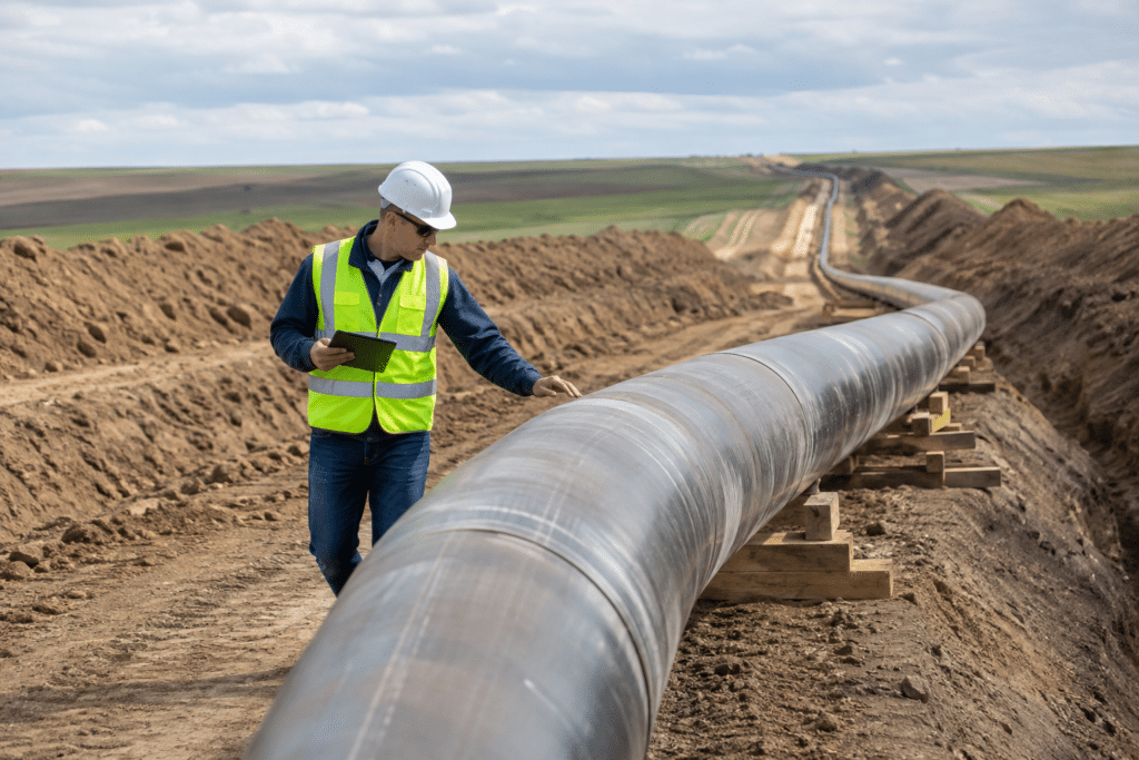 Pipeline inspector checking a newly installed pipeline at a construction site