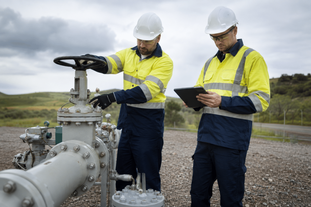 Pipeline technicians inspecting an above-ground valve station