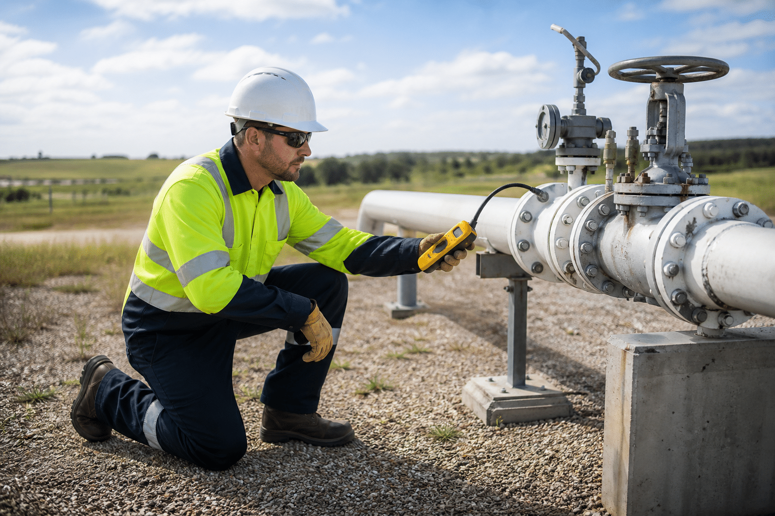 Pipeline technician checking a valve with a handheld detector