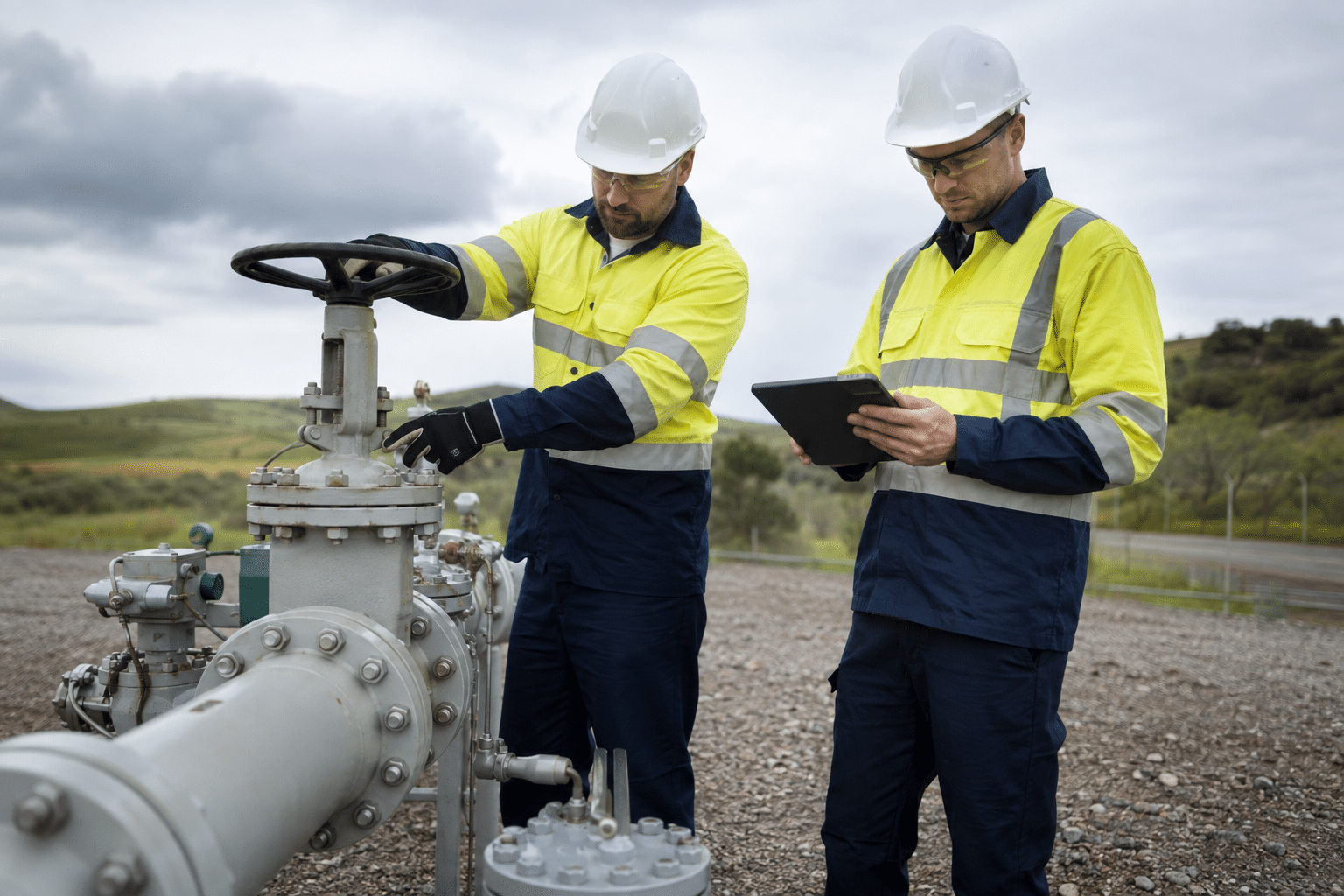 Pipeline technicians inspecting an above-ground valve station