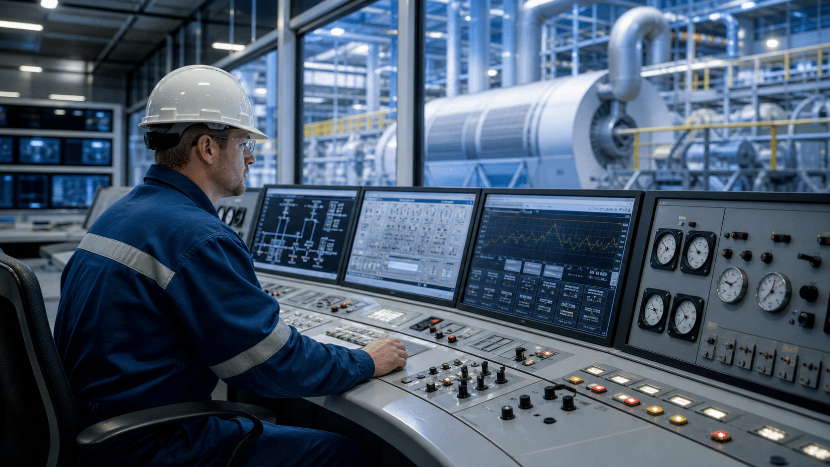 Power plant operator monitoring a modern control room console