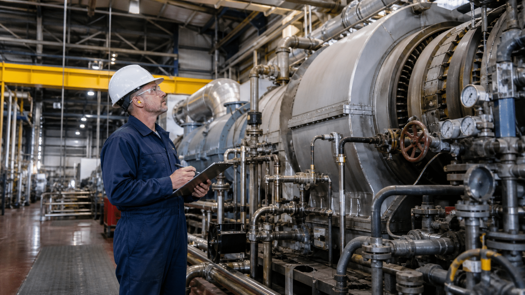 Power plant operator checking turbines, pipes and gauges