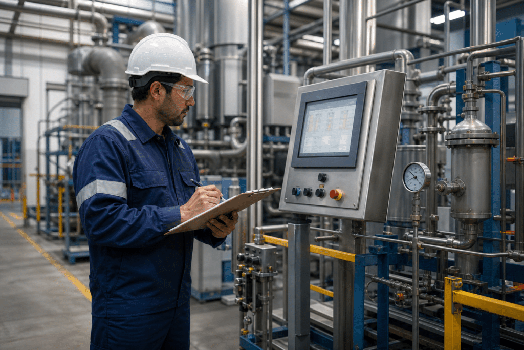 Process technician monitoring a control panel and production equipment in a manufacturing plant