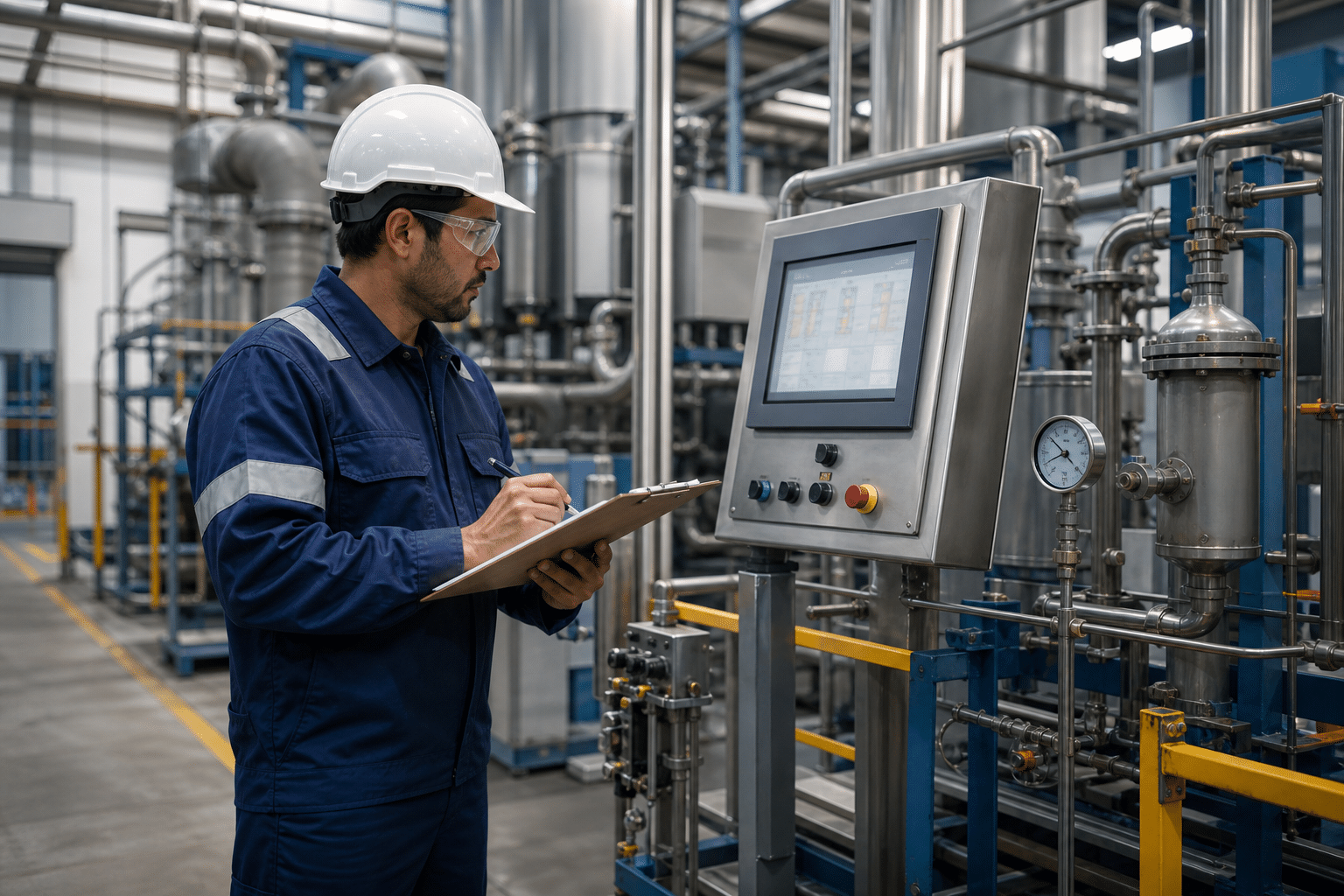 Process technician monitoring a control panel and production equipment in a manufacturing plant