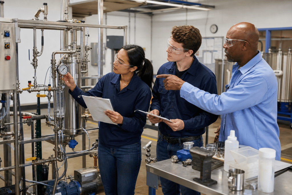 Process technology trainees checking a gauge on an industrial training rig with an instructor