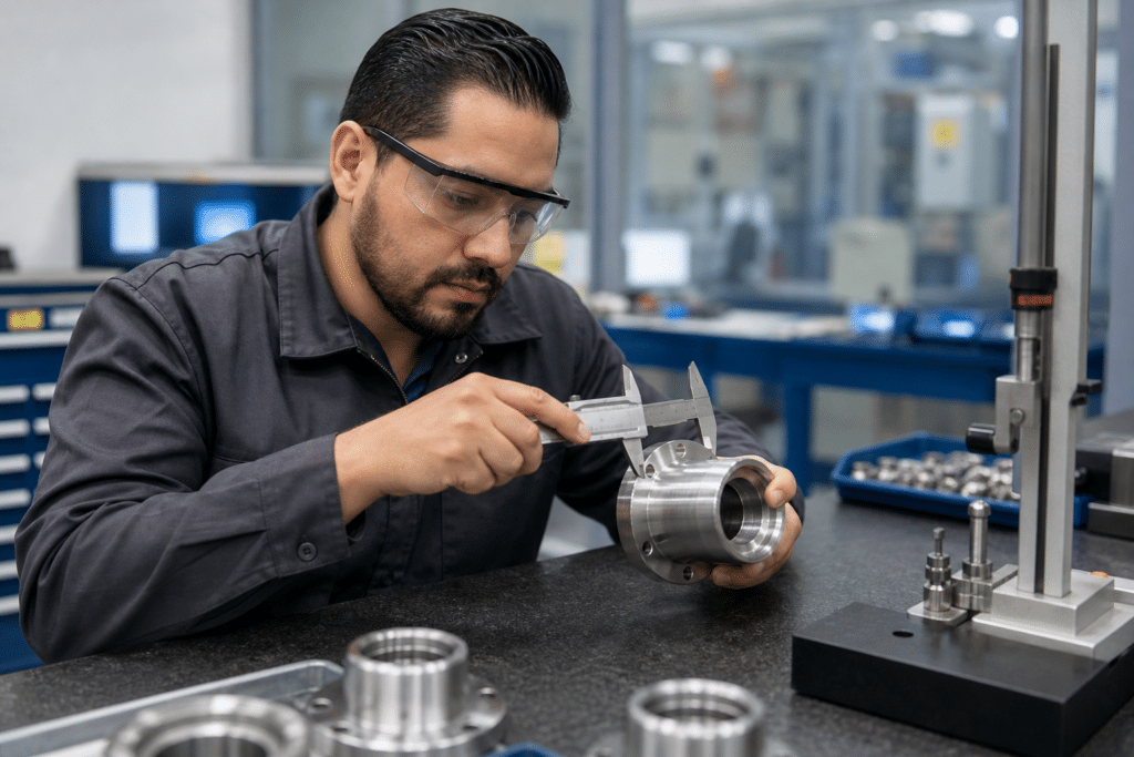 Quality control inspector measuring a precision metal component with a caliper