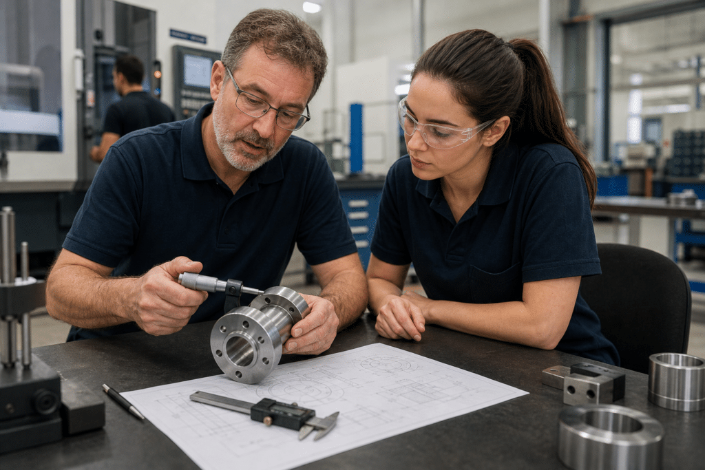 Quality control inspector teaching an adult trainee to measure a manufactured part